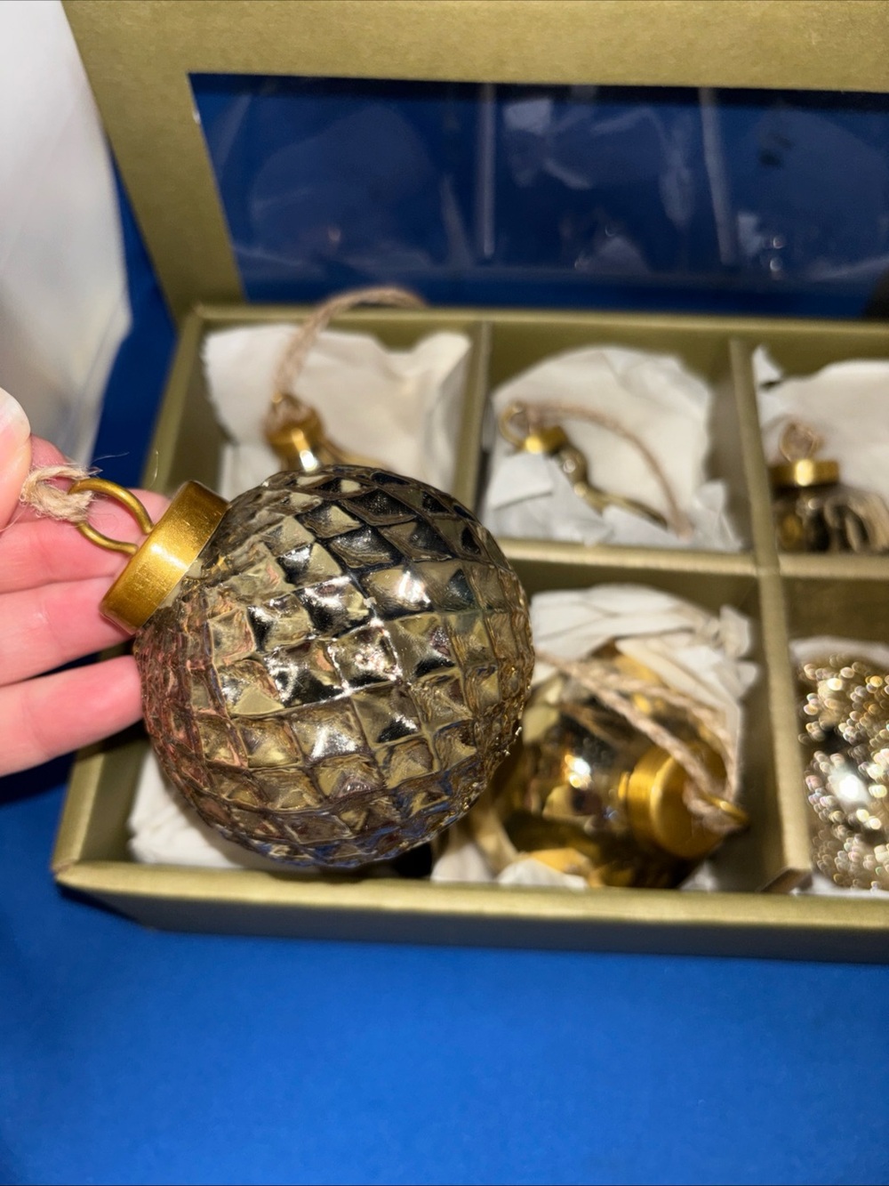 Crate&Barrel Gold Tone Mercury Glass Christmas Ornaments, Boxed Set of 6 - Picture 2 of 9